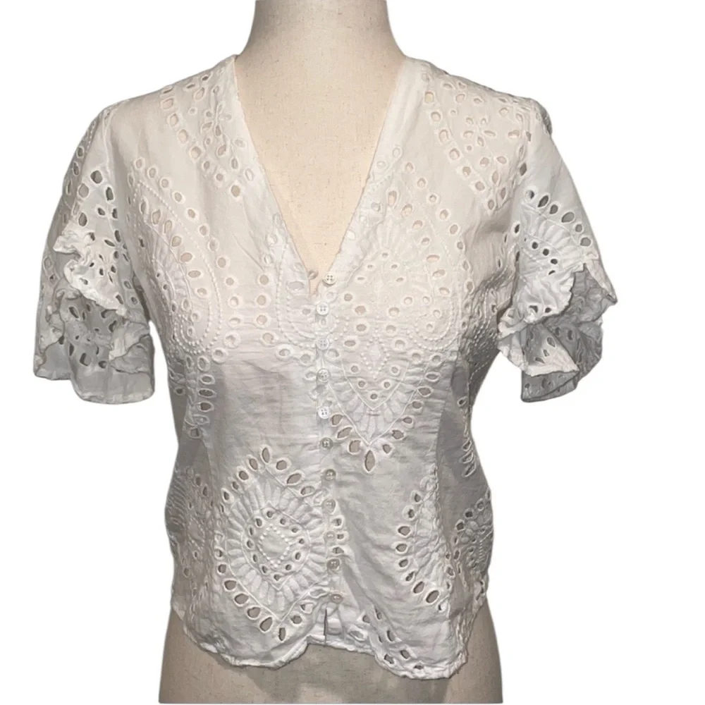 Zara White Eyelet Button-Front V-Neck Blouse